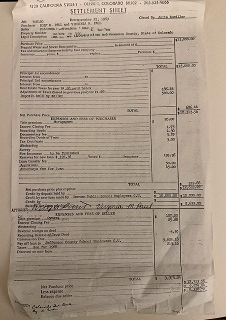 The settlement statement for the 1969 purchase of Rolf and Virginia Paul’s Morrison home.
