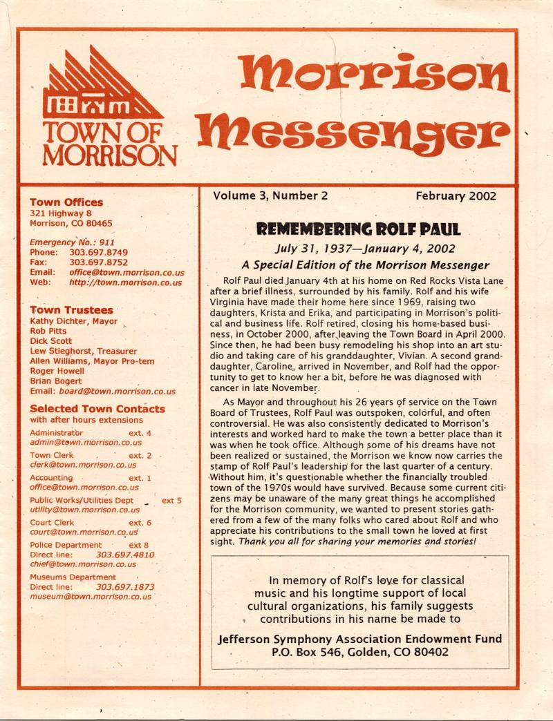 Page 1 — The Morrison Messenger, February 2002. A special edition: Remembering Rolf Paul.