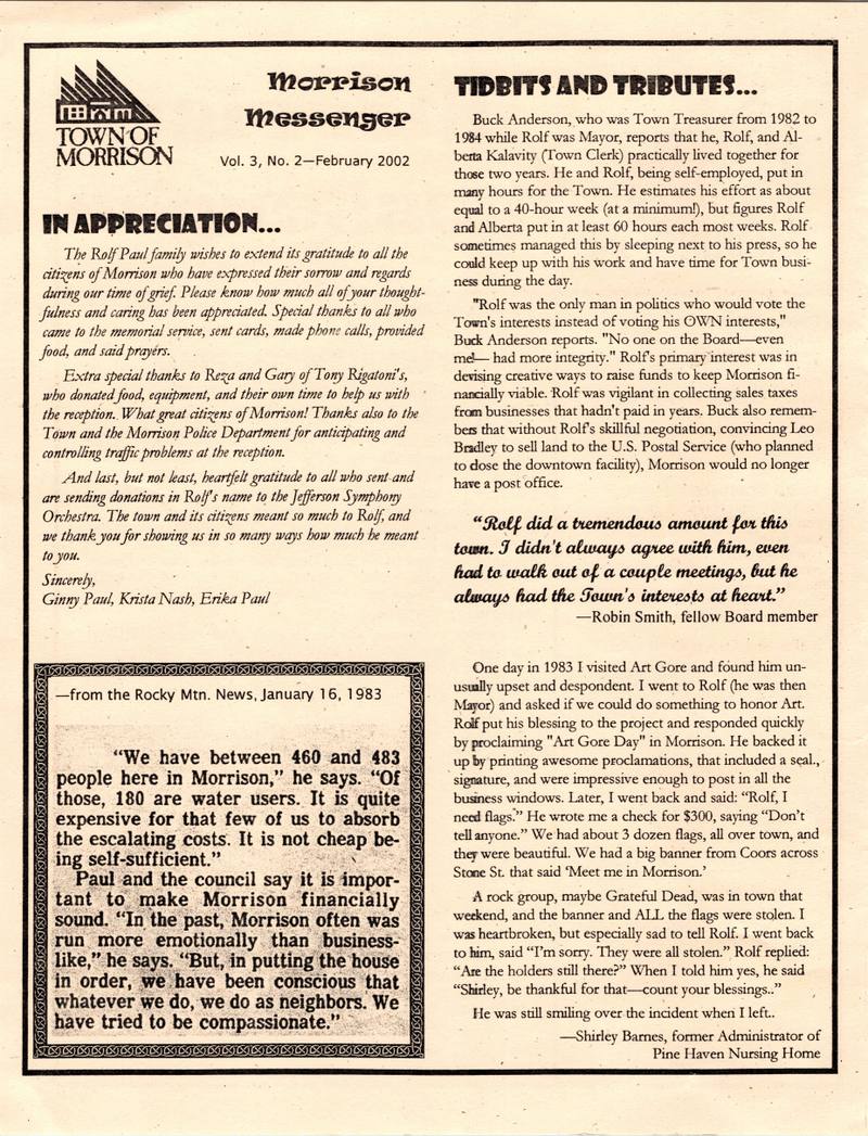 Page 2 — “In Appreciation” and “Tidbits and Tributes.” The Paul family’s thanks, and the town’s stories.