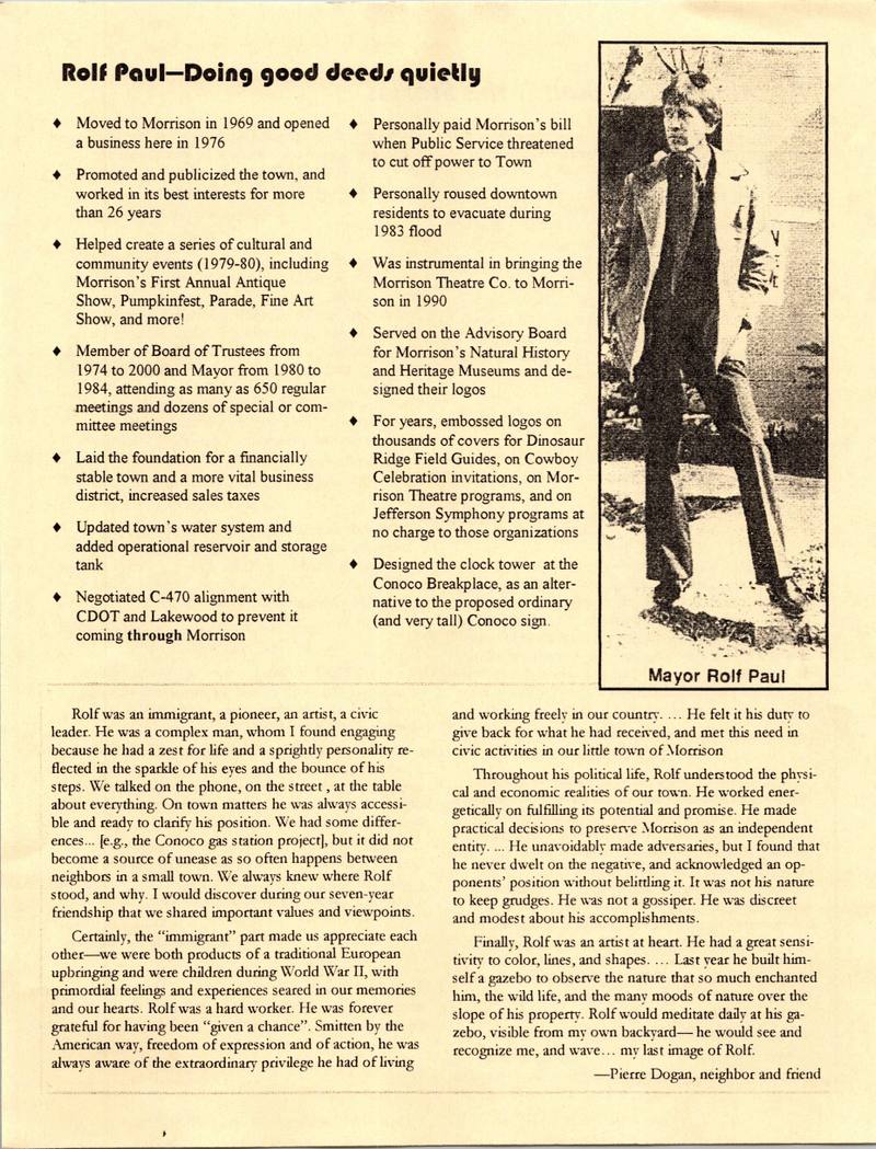 Page 3 — “Rolf Paul: Doing good deeds quietly.” His accomplishments, listed by the town that watched him work.