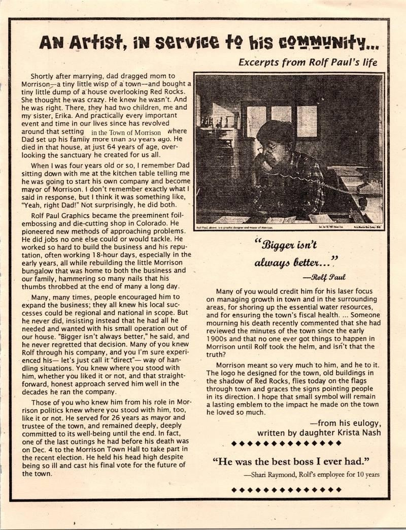 Page 5 — “An Artist, in Service to His Community.” Including Krista’s eulogy for her father.