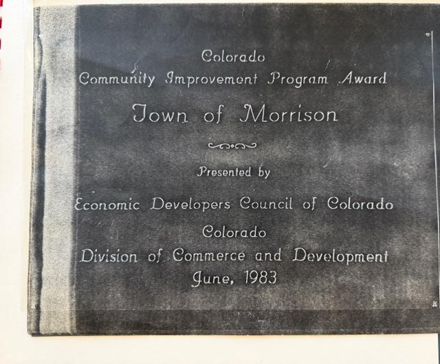 Colorado Community Improvement Program Award plaque for the Town of Morrison