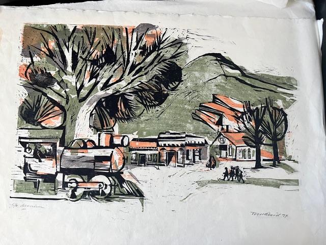 Rolf Paul woodcut of Historic Morrison with train and Red Rocks