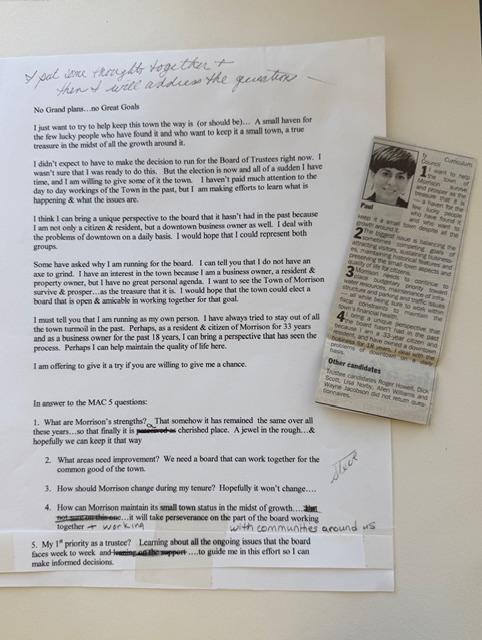 Ginny Paul candidacy statement with notes and clipping.