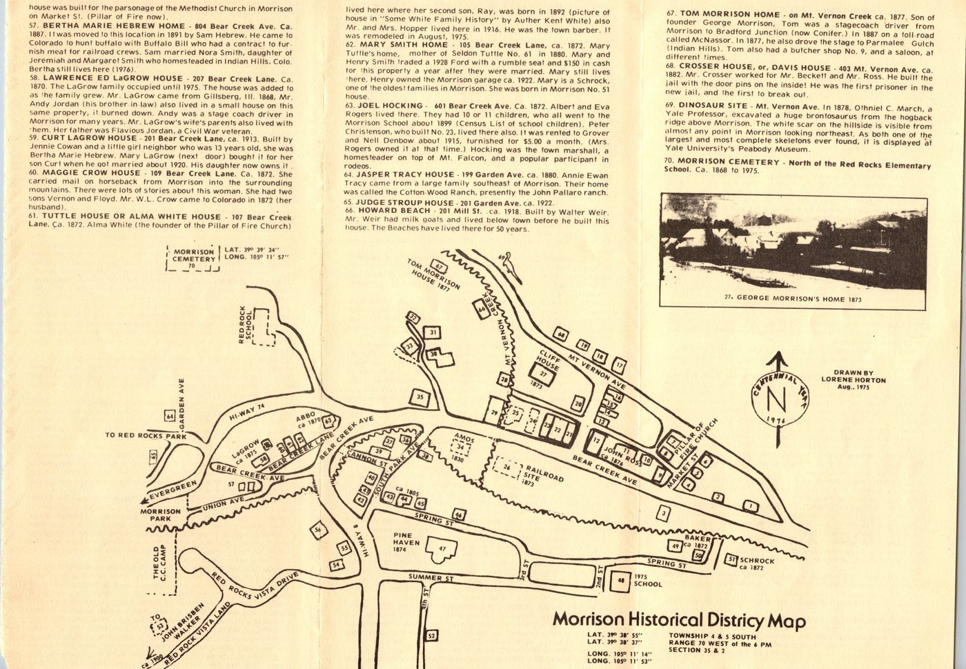 Hand-drawn historical district map of Morrison from 1975